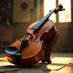 "How AI Transforms Traditional Crafts into Innovative Masterpieces" "An intricately crafted wooden violin on a worn music stand in a dimly lit rustic room, featuring AI-generated patterns, surrounded by vintage instruments and dusty sheet music."