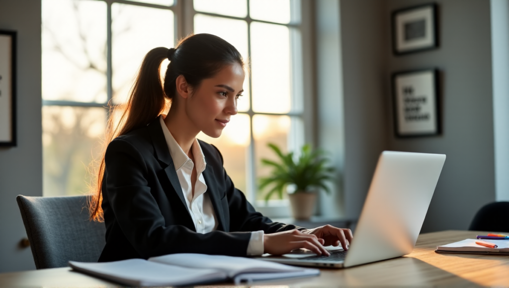 "A young professional woman sits in front of a modern desk with an AI-powered virtual assistant on her laptop, surrounded by organized papers and productivity tools, exuding calm focus and determination."