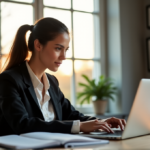 "Unlock Your Personal Efficiency Potential with AI-Driven Tools and Strategies for a Smarter Future" "A young professional woman sits in front of a modern desk with an AI-powered virtual assistant on her laptop, surrounded by organized papers and productivity tools, exuding calm focus and determination."