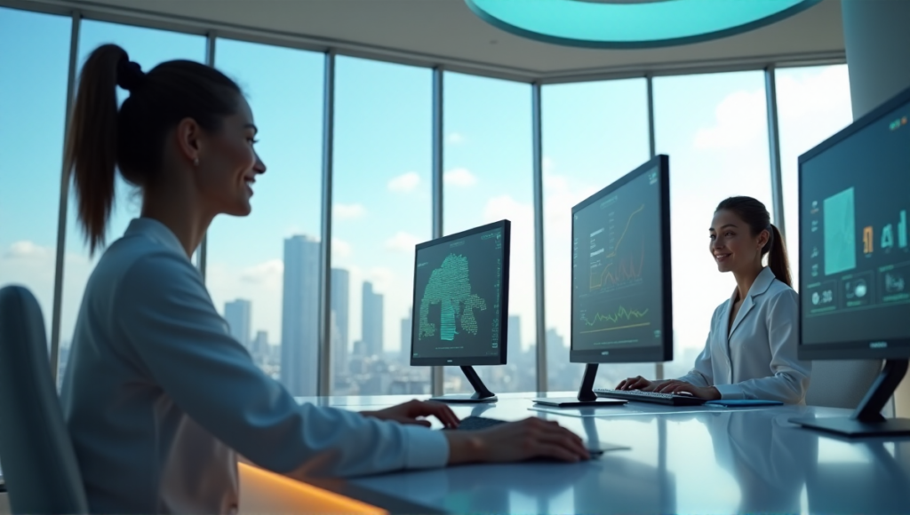 "A futuristic customer service center scene featuring a satisfied client interacting with an AI-powered representative in a modern cityscape."