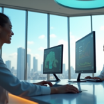 "A futuristic customer service center scene featuring a satisfied client interacting with an AI-powered representative in a modern cityscape."