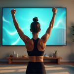 "Best AI Apps for Home Fitness and Wellness: Boost Your Productivity and Efficiency with Seamless AI Automation" "A woman in a serene home fitness studio stands confidently in front of an AI-powered fitness interface on a large high-definition screen, surrounded by exercise equipment and natural light."