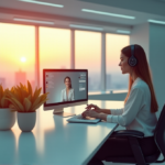 "Transform Customer Service with AI-Driven Solutions: Enhancing Support Experience through Natural Language Processing" "A female customer service agent seated at a minimalist desk, interacting with an AI interface on a large screen, surrounded by calming ambient lighting and a cityscape in the background."