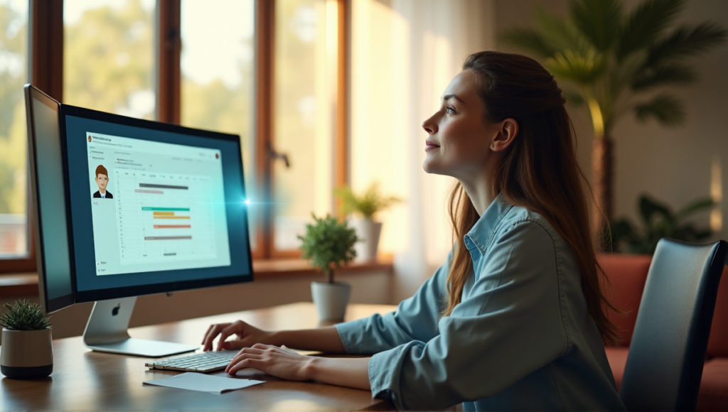 "A young professional woman sits comfortably at her desk in a minimalist home office, surrounded by AI-powered task management software and a virtual assistant's subtle overlay."