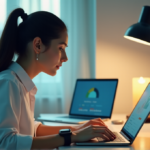 "A young woman sits at a minimalist desk, surrounded by digital devices, using an AI-driven productivity app on her tablet with calm focus and determination."