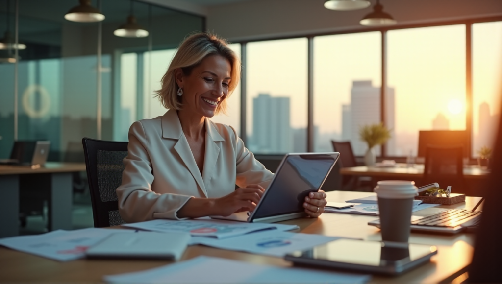 "A middle-aged woman sits at a cluttered yet organized desk, gazing intently at an AI-powered dashboard on her tablet, hands poised to input data amidst a serene cityscape during golden hour."
