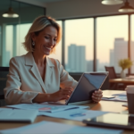 "A middle-aged woman sits at a cluttered yet organized desk, gazing intently at an AI-powered dashboard on her tablet, hands poised to input data amidst a serene cityscape during golden hour."