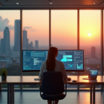 "Transform Customer Service with AI-Driven Solutions: Enhancing Personalized Interactions through Sentiment Analysis and Automation" "A customer service representative sits at a minimalist desk surrounded by screens displaying real-time data analytics and AI-driven chat windows in a sleek modern center with a serene cityscape view."