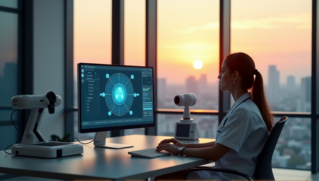 "A healthcare administrator sits at a modern desk, navigating an AI-powered patient management system amidst sleek medical equipment and futuristic devices in a well-lit office with a cityscape view."