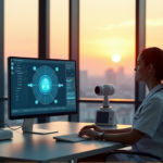 "How to Leverage AI Automation Solutions in Healthcare Administration for Enhanced Efficiency" "A healthcare administrator sits at a modern desk, navigating an AI-powered patient management system amidst sleek medical equipment and futuristic devices in a well-lit office with a cityscape view."