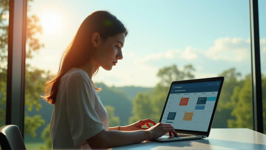 "A young woman sits at a minimalist desk, surrounded by AI-driven tools on her laptop, with a serene expression, amidst a soft blue dawn sky and lush green park view."