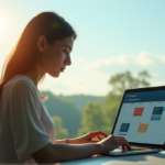 "A young woman sits at a minimalist desk, surrounded by AI-driven tools on her laptop, with a serene expression, amidst a soft blue dawn sky and lush green park view."
