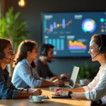 "Boost Customer Service with AI-Driven Solutions: Enhancing Efficiency and Experience through Sentiment Analysis and Automation" "A diverse team of customer support agents work efficiently behind a large screen displaying AI-driven analytics and automation tools in a modern customer service center."