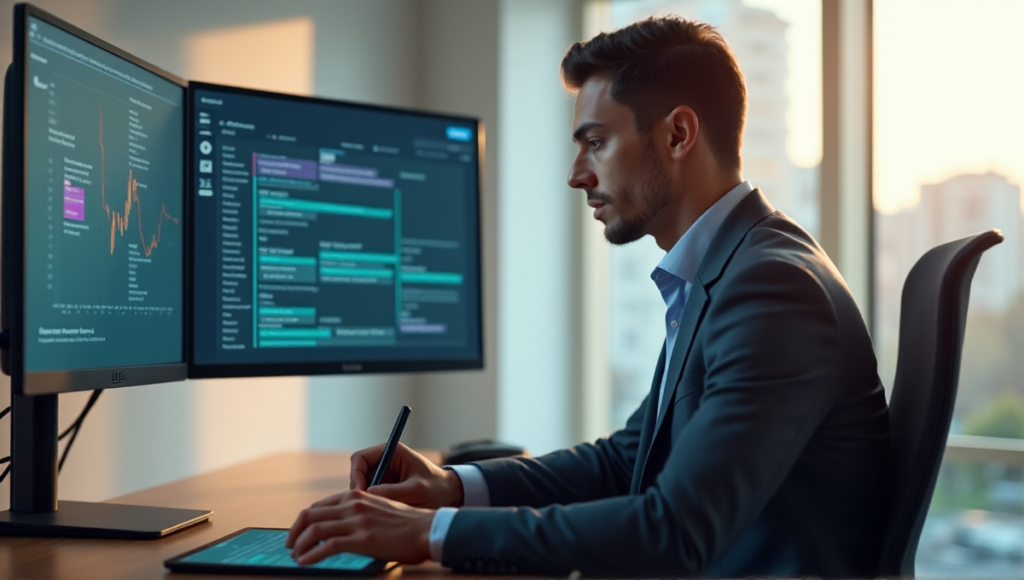"A young professional multitasks with ease using AI-powered workflow management on a computer monitor and tablet, exuding confidence and efficiency in a balanced workspace."