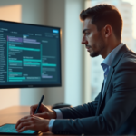 "Unlock Your Personal Efficiency Potential with AI-Driven Techniques for a Smarter Workflow" "A young professional multitasks with ease using AI-powered workflow management on a computer monitor and tablet, exuding confidence and efficiency in a balanced workspace."