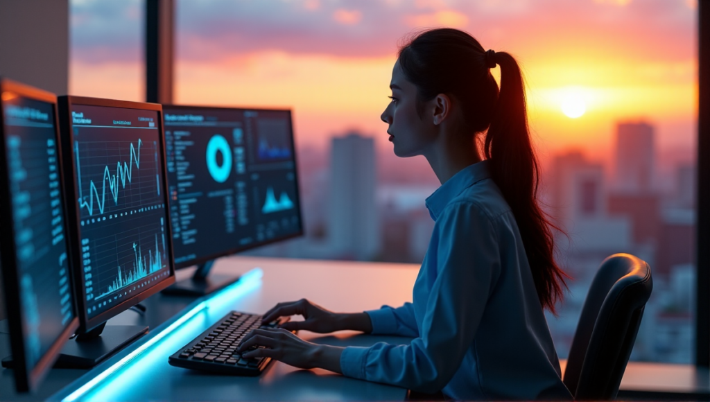 "A young female data analyst works at a high-tech console in a marketing control center, surrounded by real-time analytics and AI-powered campaign metrics."