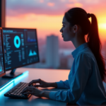 Smarter Advertising Starts with AI-Powered Campaigns "A young female data analyst works at a high-tech console in a marketing control center, surrounded by real-time analytics and AI-powered campaign metrics."