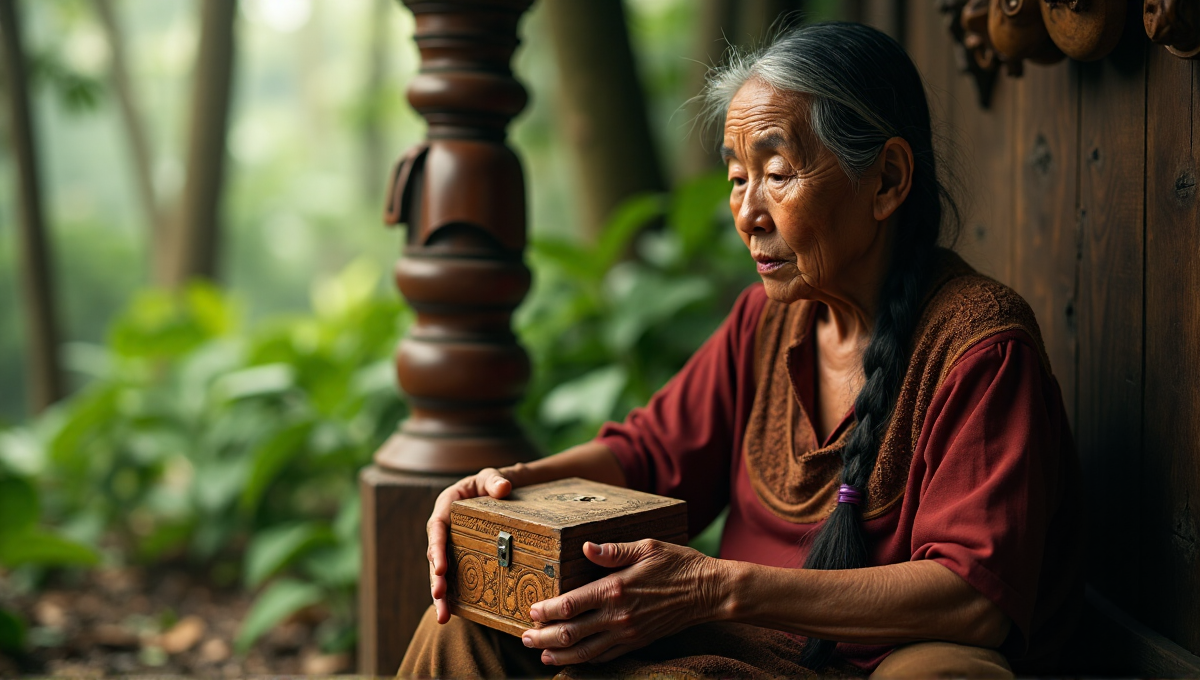 An elderly indigenous woman sits on a worn wooden chair, surrounded by tribal artifacts and lush greenery, cradling an intricately carved wooden box in her hands, evoking contemplation and nostalgia for cultural heritage preservation amidst AI Automation Solutions advancements.