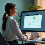 "A young woman sits confidently at a minimalist desk, surrounded by organized workspace, using AI-powered Todoist interface on her computer."