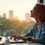 "Unlock Daily Efficiency with AI Innovations: Enhancing Personal Creativity Tools for a Smarter Future" "A young woman sits at a minimalist desk, surrounded by innovative gadgets, with her hands on a sleek laptop displaying an AI-powered creativity tool interface, amidst a blurred cityscape and warm natural light."
