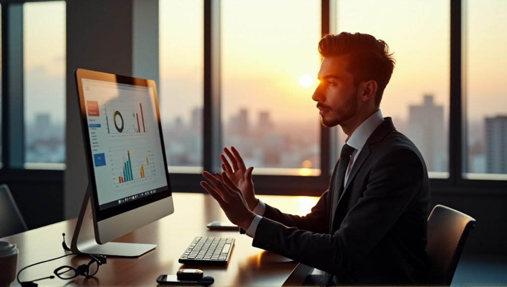 "A young professional sits confidently at a minimalist desk, surrounded by cutting-edge gadgets, with AI-powered marketing dashboard on high-resolution monitor, emphasizing Top AI Apps Home Work 2025."