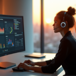 "Transform Customer Service with AI-Driven Solutions: Enhancing Support Experience through Sentiment Analysis and Automation" "A young woman in a sleek black jumpsuit navigates an AI-powered customer support system with calm focus, surrounded by high-tech automation dashboards and floor-to-ceiling windows."