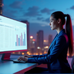 "Future-Ready Marketing Strategies with Byte's AI Guide to Smarter Campaigns" A confident marketing executive sits at a minimalist desk in front of an AI-powered campaign dashboard, with a stunning cityscape at sunset behind her, showcasing the potential of AI Automation Solutions in modern marketing.