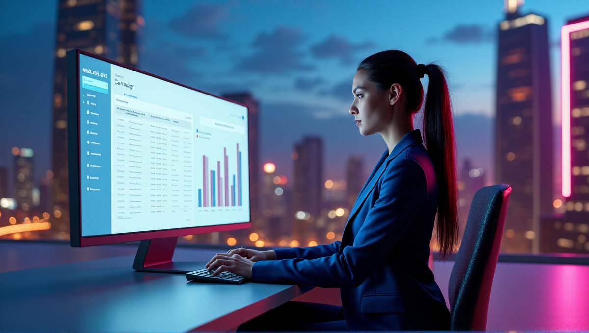 A confident marketing executive sits at a minimalist desk in front of an AI-powered campaign dashboard, with a stunning cityscape at sunset behind her, showcasing the potential of AI Automation Solutions in modern marketing.