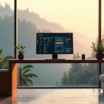Top AI Apps for Home Security and Work Efficiency Boosted by Seamless Automation "A modern home office with a sleek desk featuring an AI-powered security system dashboard on a high-resolution touchscreen display, surrounded by lush greenery and a serene misty morning landscape."