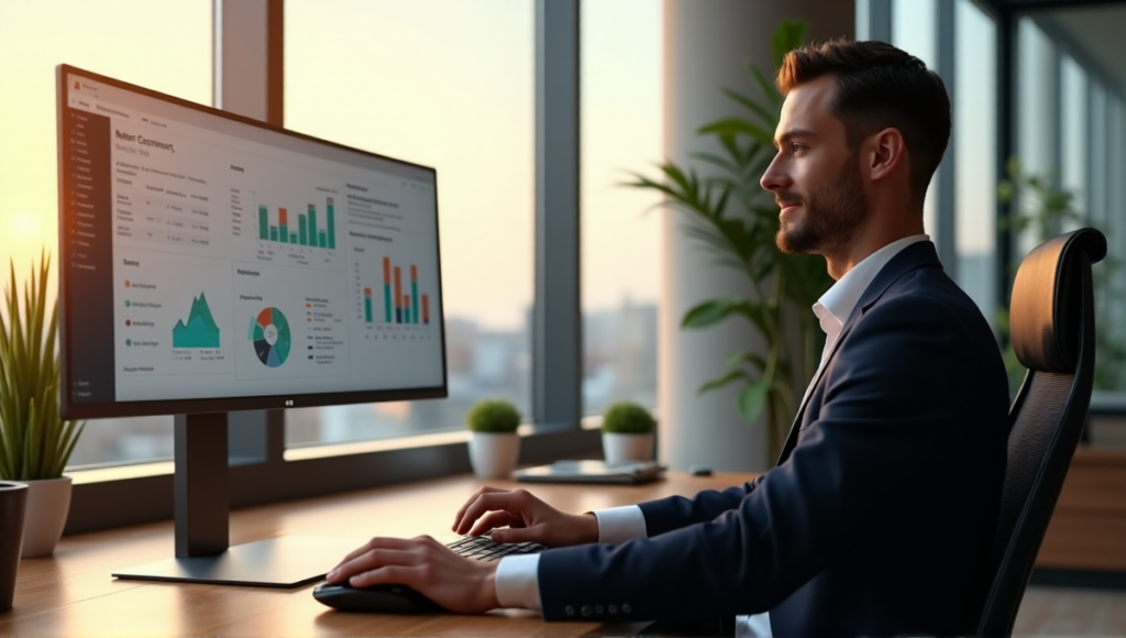 "A serene office scene featuring an employee efficiently working with AI-driven analytics on a large monitor, surrounded by natural light and modern architecture."
