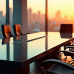 "How to Boost Virtual Meeting Productivity with AI-Driven Solutions" "A modern conference room with a sleek glass table and AI-powered chairs, surrounded by a cityscape during golden hour, showcasing AI automation solutions in action."