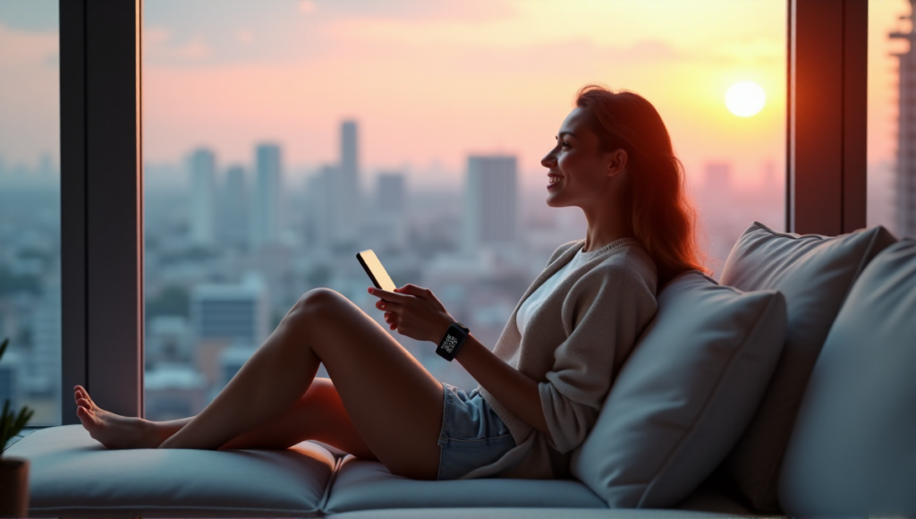 "A young woman sits comfortably on a minimalist couch, surrounded by smart devices, gazing out at a serene cityscape at sunrise."