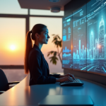 "A young professional sits confidently in front of a massive curved screen displaying intricate data visualizations and AI-generated analytics, with a 3D holographic cityscape rising from the data, symbolizing limitless business possibilities with AI tools."