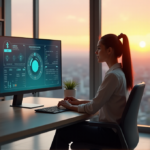A young woman sits in a modern office, gazing at an AI-powered interface on her touchscreen monitor, surrounded by plants and leather-bound books, with a serene cityscape visible through floor-to-ceiling windows.