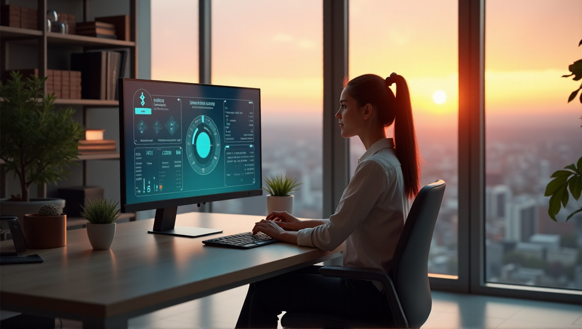 A young woman sits in a modern office, gazing at an AI-powered interface on her touchscreen monitor, surrounded by plants and leather-bound books, with a serene cityscape visible through floor-to-ceiling windows.