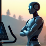 Top AI Innovations for Daily Life in Personal Fitness Simplified "A serene home gym setup featuring a humanoid AI fitness assistant robot with glowing blue circuits and LED-lit muscles, surrounded by high-tech exercise equipment and natural scenery."