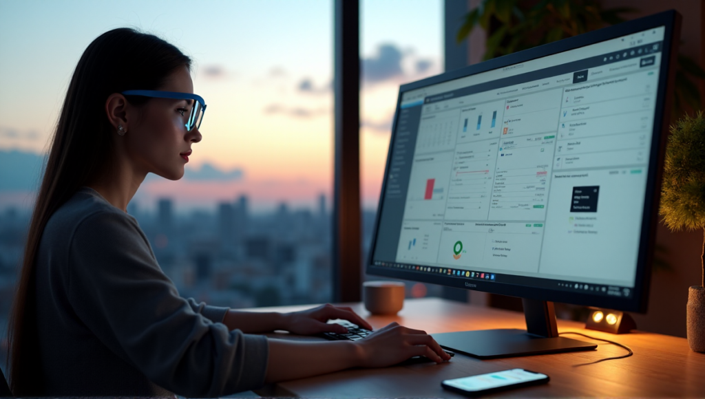 "A person sits at a minimalist desk, hands on keyboard, wearing smart glasses with LED lights, surrounded by AI-powered productivity tools and lush greenery."