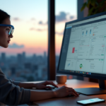 How AI Tools Are Revolutionizing Everyday Life with Enhanced Productivity and Efficiency "A person sits at a minimalist desk, hands on keyboard, wearing smart glasses with LED lights, surrounded by AI-powered productivity tools and lush greenery."