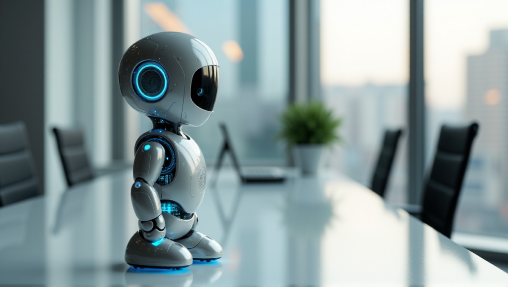 "A sleek silver robotic assistant stands on a minimalist desk in a modern office, managing tasks with AI-powered efficiency amidst a blurred cityscape through large windows."