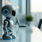 AI-Powered Task Management: Streamlining Efficiency with Intelligent Automation "A sleek silver robotic assistant stands on a minimalist desk in a modern office, managing tasks with AI-powered efficiency amidst a blurred cityscape through large windows."