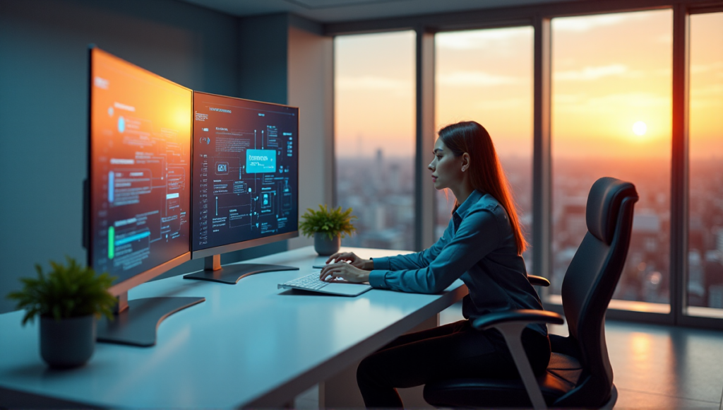 "A young professional sits behind a high-tech workstation with AI-powered interface, surrounded by large screens displaying workflows and data visualizations in a modern office space with cityscape view at sunset."