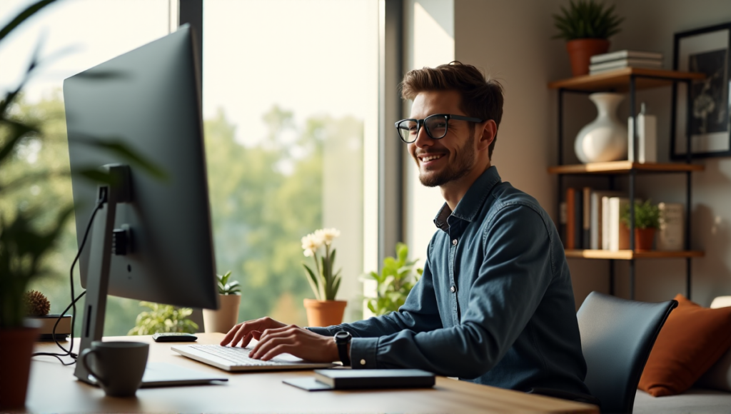 "A young professional sits comfortably at a clutter-free home office desk surrounded by AI-powered devices, exuding confidence as they efficiently manage tasks with Top AI Apps Home Work 2025."