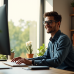 "How to Unlock Maximum Virtual Work Efficiency with Top AI Apps for Seamless Home and Office Productivity" "A young professional sits comfortably at a clutter-free home office desk surrounded by AI-powered devices, exuding confidence as they efficiently manage tasks with Top AI Apps Home Work 2025."