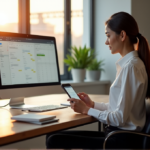 "Boost Your Productivity with AI-Driven Task Management Solutions: Unlock Efficient Customer Service and Daily Efficiency" "A young professional efficiently manages tasks on a modern computer while interacting with a chatbot on her smartphone in a well-lit office space with minimalist decor."