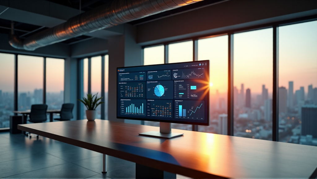 "A modern office workspace with a large silver monitor displaying an interactive dashboard featuring AI-driven task management tools and analytics, surrounded by industrial-chic decor and a cityscape at dusk."