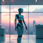 The Future of AI in Healthcare: Transforming Business and Productivity "A futuristic healthcare facility with an AI-powered robotic nurse at its center, surrounded by medical equipment and technology, showcasing AI automation solutions in a serene cityscape setting."