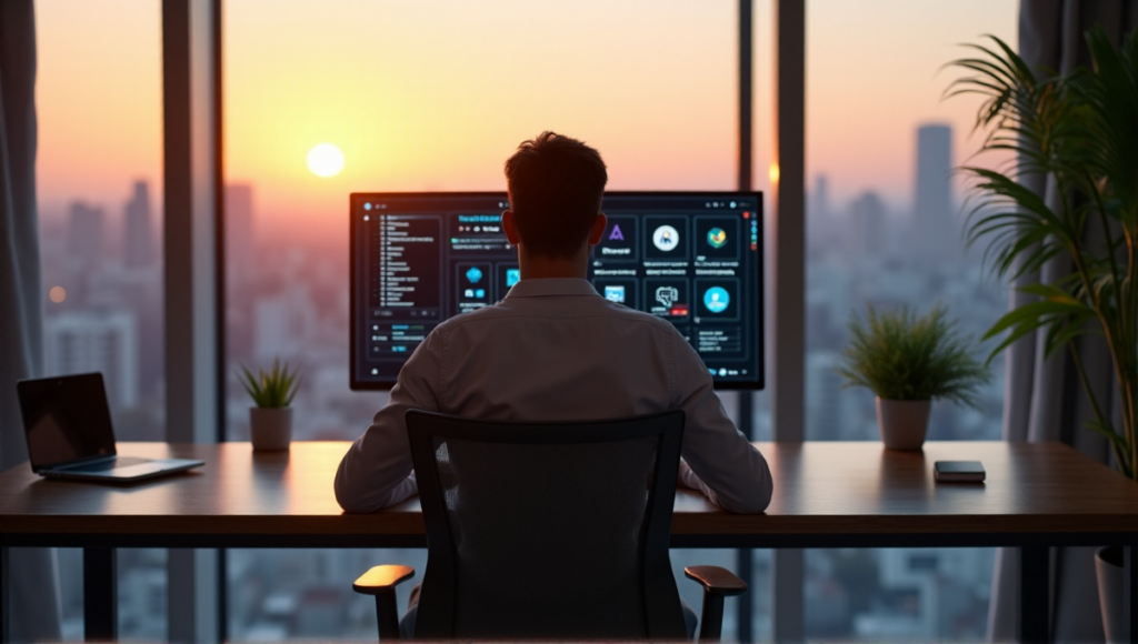 "A modern home office setup featuring a sleek desk with high-end computer monitors displaying integrated AI apps, including automation software and virtual assistants, amidst a serene cityscape at sunset."