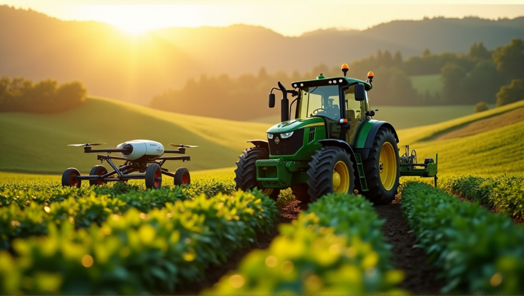 "Image description: A modern farm scene with AI-powered equipment coexisting harmoniously alongside traditional tools in a serene landscape."