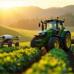 "Image description: A modern farm scene with AI-powered equipment coexisting harmoniously alongside traditional tools in a serene landscape."