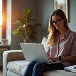 Top AI Apps for Seamless Work-Life Integration and Enhanced Productivity "A young professional woman sits comfortably on a modern couch, surrounded by productivity tools and AI apps, exuding confidence and balance through seamless automation."